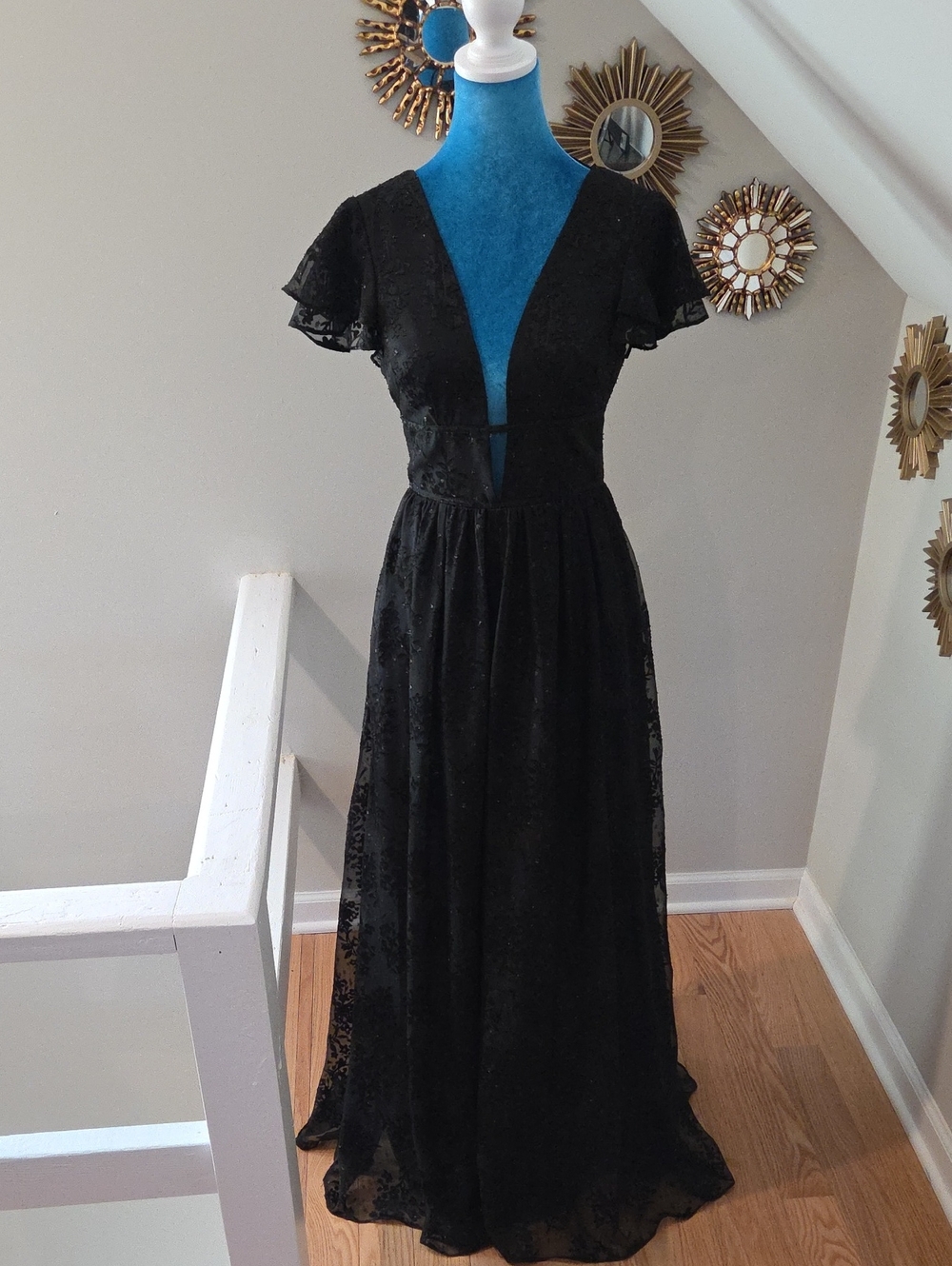 Aidan Mattox Black Lace Maxi Dress with V-Neck